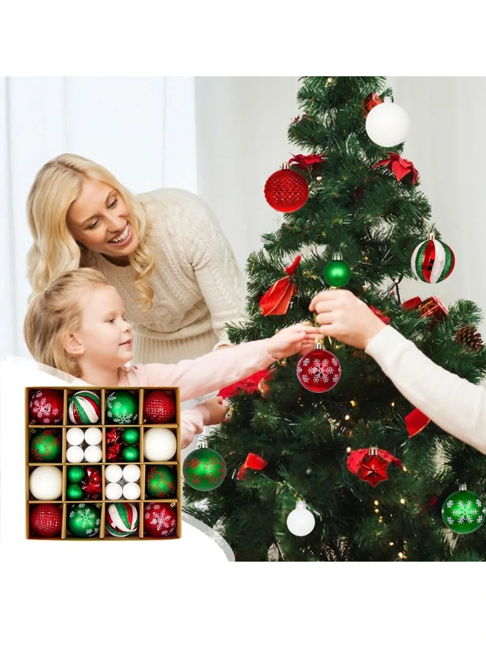 Festive Christmas Ornament Set - Red, Green & White Holiday Baubles ( )